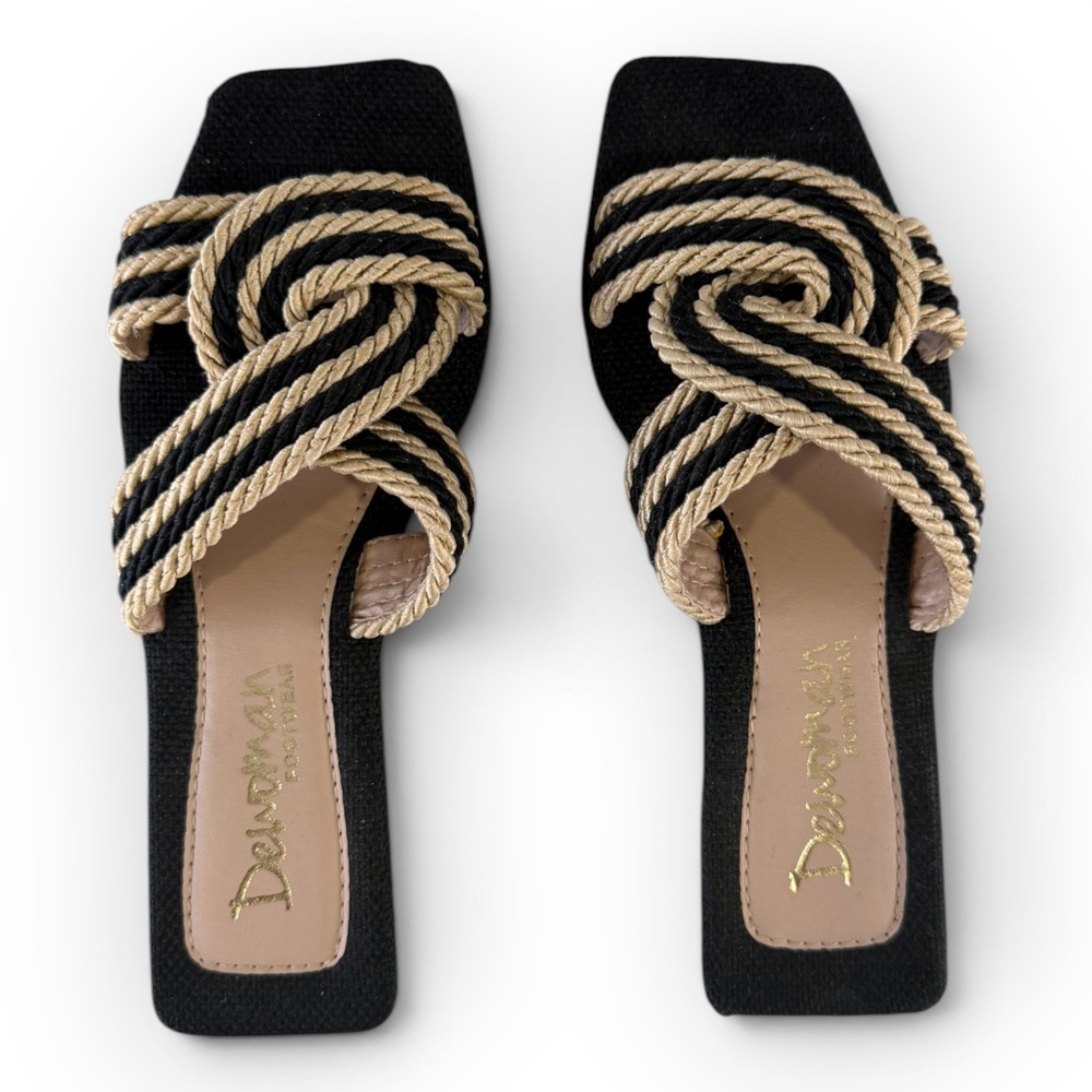 Dewoman Footwear Black Gold Rope Twist Square Toe Slide Sandals Womens Size 36